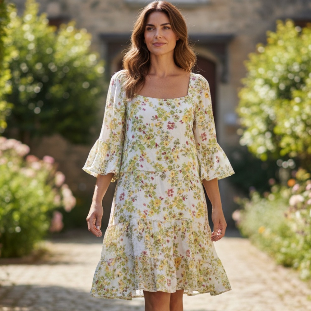 Cactus and Pearl dress boho tiered green pink yellow floral XXL butterfly sleeve